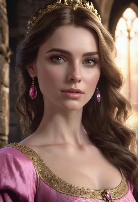 1 woman, inside a medieval era castle, wearing an elegant pink dress, detailed facial features, feminine brown eyes, , detailed fair skin, golden brown hair, dramatic lighting, cinematic composition, dark palette, dark colors, atmospheric haze, thin chin, ...