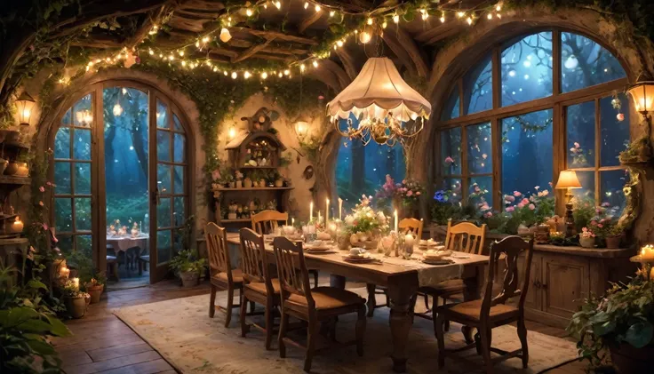 a dining room inside a fairy house whimsical night cute soft lighting creating a dreamy, magical atmosphere where beauty reigns supreme glowing creating a dreamy, magical atmosphere at night time cosy