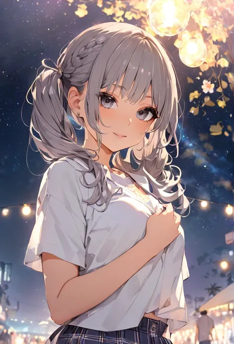 Highest quality　masterpiece　High resolution　Masterpiece Gray Eyes　Low twin tails、casual summer outfit　、flowerpunk、Sparkling light particles、Vivid gradient effect