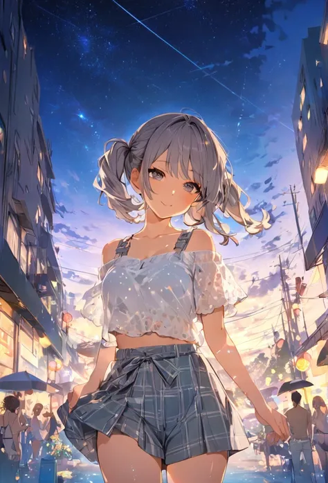 Highest quality　masterpiece　High resolution　Masterpiece Gray Eyes　Low twin tails、casual summer outfit　、flowerpunk、Sparkling light particles、Vivid gradient effect