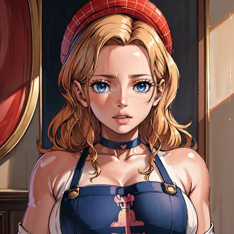 (best quality,highres),(realistic:1.37),(portrait),(studio lighting), ,solo mature woman,curvy, giant breasts, giant ass,straight strawberry blonde hair, dusty blue eyes,full lips, seductive, choker, painters apron,painters hat