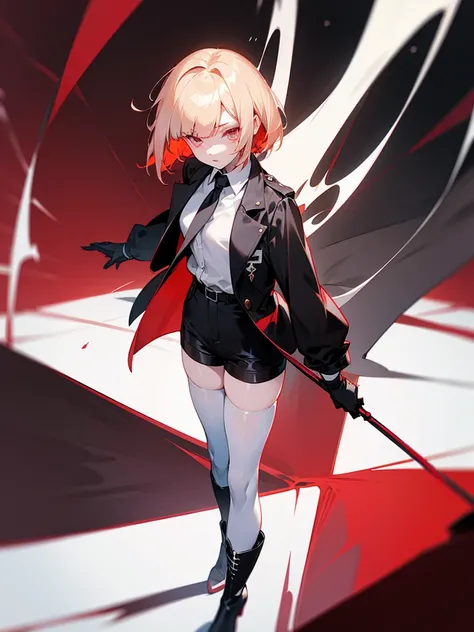 Anime girl, crimson eyes, (short pale blond hair), one-sided fringe, messy sharp fringe. Long black jacket, white collared shirt, black shorts. White thigh-high stockings, black ankle boots, heeled boots, black gloves. Standing.