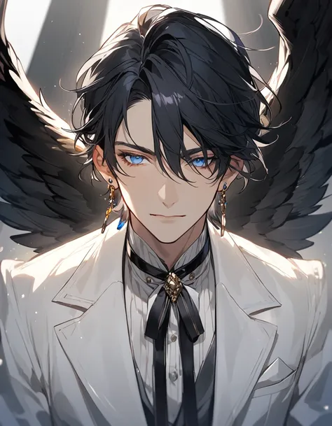 boy, white tuxedo, black hair, blue eyes, black wings, earrings, 25 old, half body 