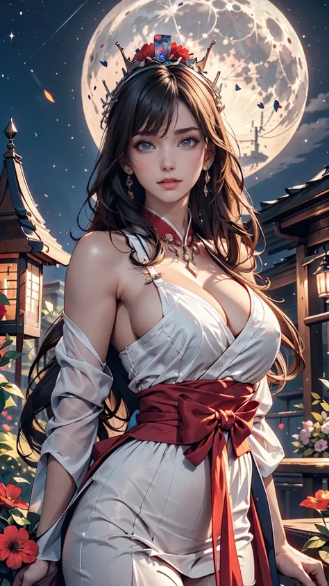 Highest quality, expensive_solve, clear_image, Detailed Background ,girl, Hanbok,flower,garden,moon, night,Dutch Angle, Wide Shot, Crown,  、24-year-old woman、Sexy proportions、Narrow waist、Erotic female body