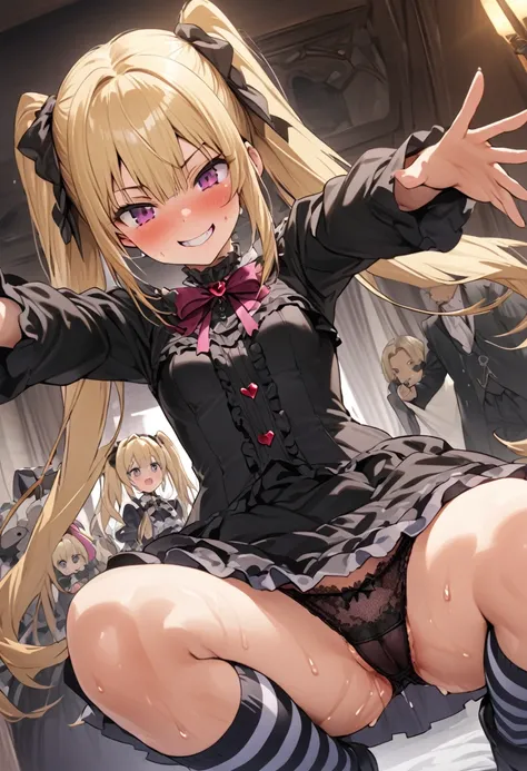 Ultra-high definition image quality、beautiful girl、high school girl、One Man、18-year-old、Twin tails、 Body Type、Striped knee socks、Devilish smile、Gothic Lolita Fashion、blonde、Big ribbon、Gothic Lolita Room、a large number of stuffed animals、Highest quality, Sm...