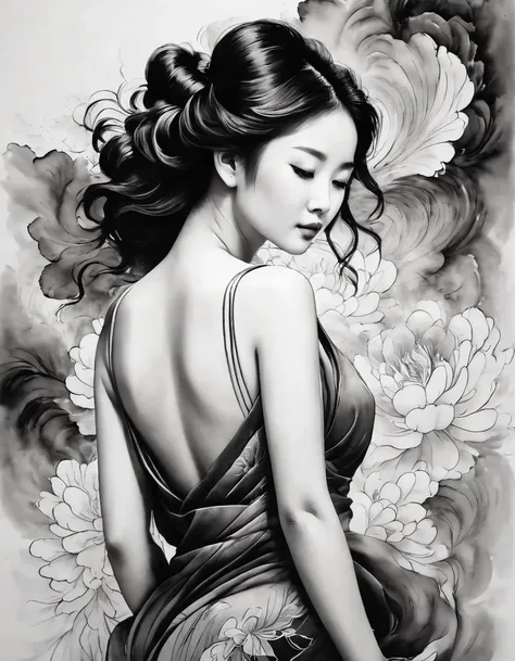 Chinese traditional ink body art style, (Use simple lines to outline the graceful figure of women），Beautiful back， undulating lines, Thick and thin lines, ,
Line Art, Black and white painting,figure,Line Art,Lyrical Abstraction, Fountain Pen Art,Gel Pen,cr...