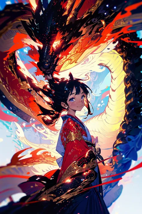 1girl and 1dragon,big red dragon,navy yukata,she has a Japanese sword, Japanese style,black hair and long hair