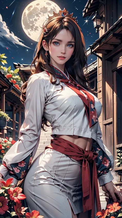 Highest quality, expensive_solve, clear_image, Detailed Background ,girl, Hanbok,flower,garden,moon, night,Dutch Angle, Wide Shot, Crown,  、24-year-old woman、Sexy proportions、Narrow waist、Erotic female body