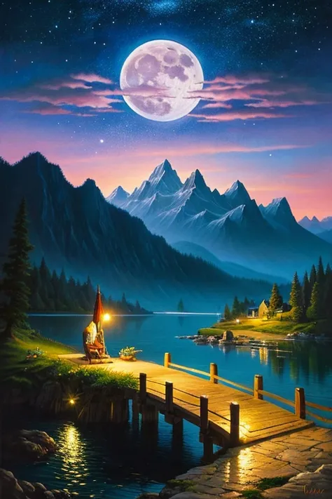 Highest quality、masterpiece、Landscape painting、Moon, Mountains and Lakes、night、Surrealism