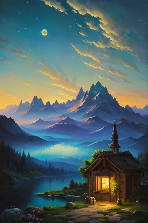 Highest quality、masterpiece、Landscape painting、Moon, Mountains and Lakes、night、Surrealism