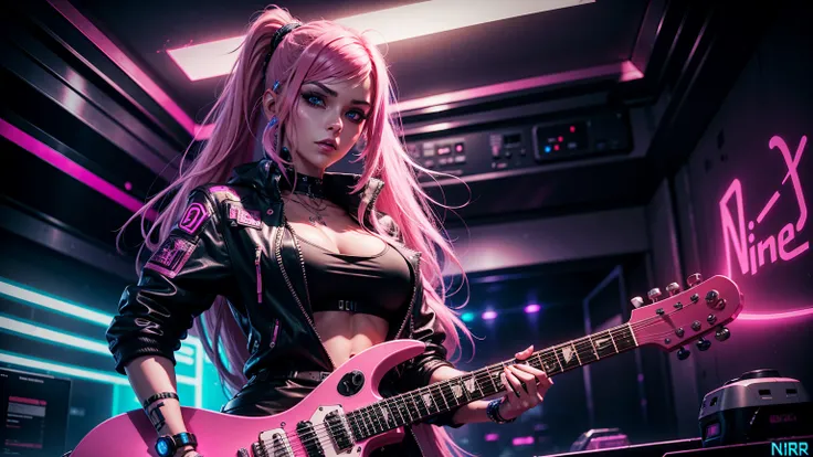 full body portrait, beautiful woman, cyberpunk style, long pink hair, playing a cyberpunk styled guitar, in a cyberpunk club, smoky atmosphere, neon lighting, dramatic, masterpiece, 4k definition, high detail, nior cyber