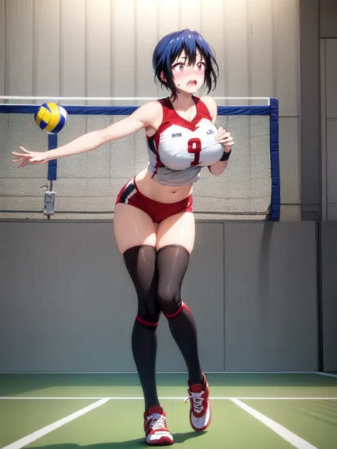 best quality:1.3, extremely detailed CG, super detailed skin, 4 fingers and 1 thumbs:1.3, five fingers:1.4, (seishirou tsugumi, big breast, midriff, solo), standing, spread arms, ((indoor volleyball court:1.2), show off nipple, beautiful nipple, open breas...