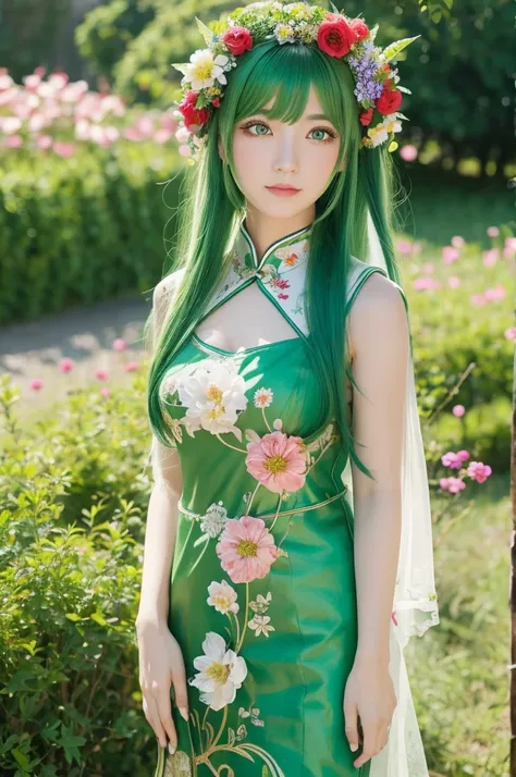 Green eyes, green hair, long hair, Chinese dress, front view, flower field, flower decoration on head