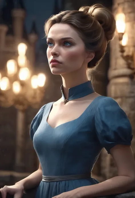 1 woman, inside a castle at night, wearing an elegant blue dress with a high collar, slim body, detailed facial features, feminine blue-gray eyes, small pointy ears, detailed fair skin, golden brown hair in a bun, dramatic lighting, cinematic composition, ...