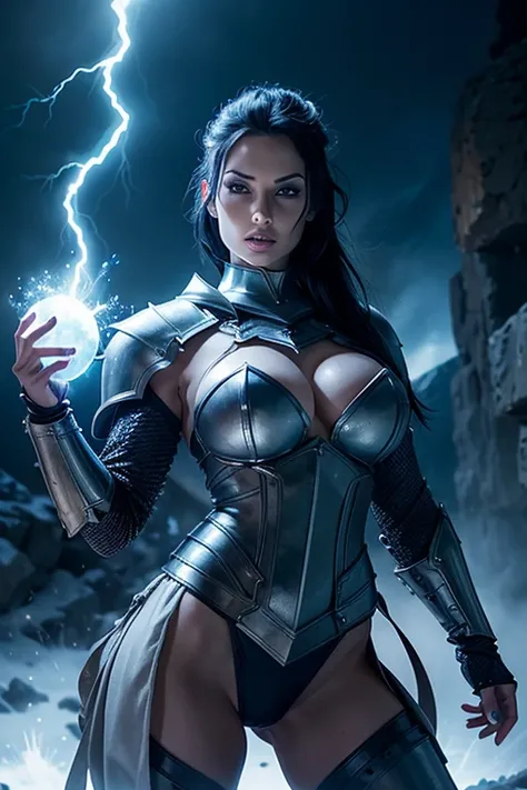 Aletta Ocean, angry evil beautiful and muscular, Nordic female, towering storm Giantess with blue black hair in a ponytail, older and mature woman, throwing a lightning ball, glowing tattoos, wearing steel runic plate mail Armour , temple cave background w...