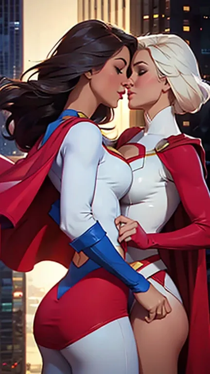 Two girls. Masterpiece. Two busty babes. Gloomy city, night, dim lights, under pouring rain. On skyscrapers roof tops, two busty babes are kissing, holding each other by the butt. First, Supergirl in her signature blue and red outfit, with logo on chest an...