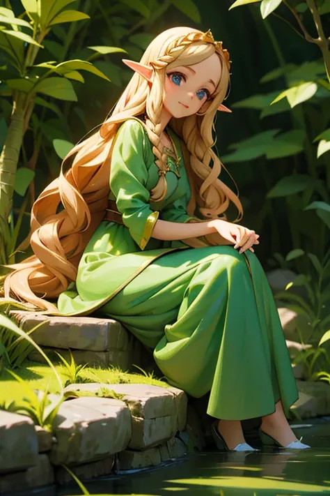 Picture of a woman in a green dress, sitting on a stone wall., a digital painting of an, inspired by Magalie Villeneuve;, deviantart contest winner, fantasy art, Beautiful character art, Rapunzel, bowwater style, elf with long braided brown hair, in a rain...