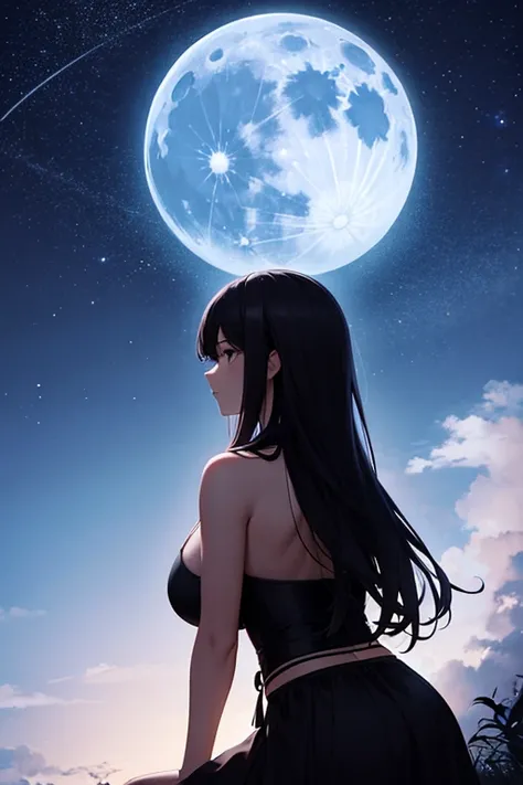 Highest quality,Big moon and shadow,A silhouette of a person can be seen against the backdrop of a large moon.,There is one full moon,There is a mood,Beautiful scenery,Starry Sky