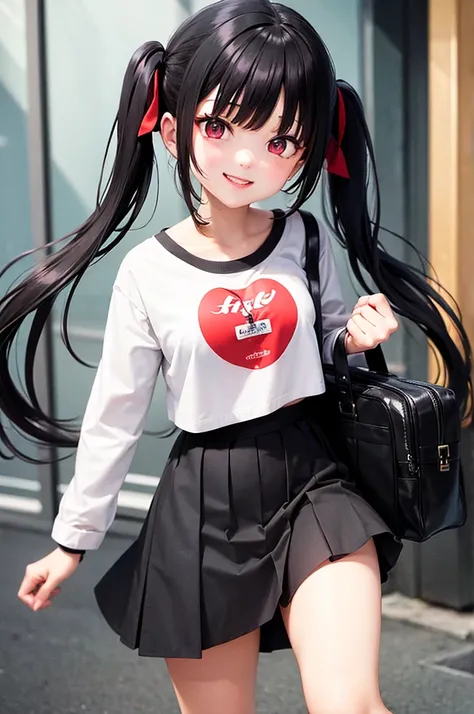 Black Hair　Twin tails　Red Eyes　beautiful girl　smile　shirt　skirt　bag　City