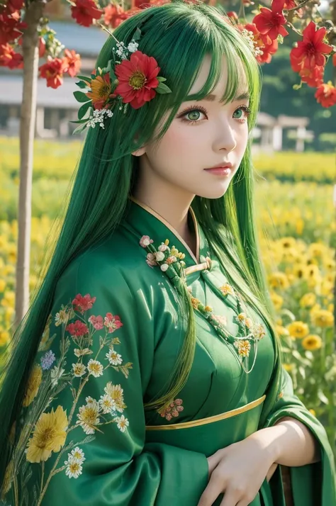 Green eyes, green hair, long hair, Chinese dress, front view, flower field, flower decoration on head