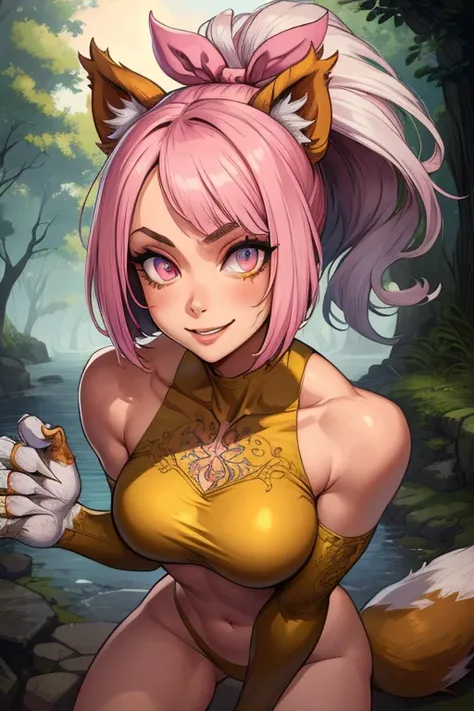 felynn,yellow  eyes,cute,smiling,pink hair,ponytail,white hair ribbon,
claws,cat hands,toned,navel,bare shoulders,
toned,
mornin...