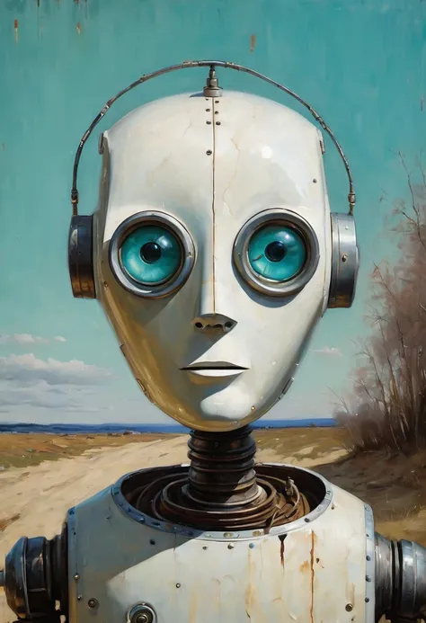 Full view. Funny little robot, Porcelain face and head, big turquoise eyes, Perfect eyes, Best Quality. Beautiful cinematic impressionist painting., Dark dramatic character. in the style of andrew wyeth, Charlie Bowett, Albert Joseph Penaud, Dariusz Zawadz...