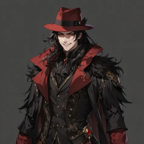 masterpiece, best quality, good quality, modern Aesthetic, Highly detailed, shadowverse style, black hair, dark brown eyes, black hat, male, evil smile expression, noble outfit, long hair