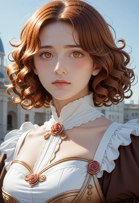 Beautiful woman, Orange eyes, (Blushing your nose), Detailed eyes, Cinematic, Painted by Greg Rutkowski, Yoji Shinkawa: 0.6. Long Curly Orange Hair, defined body, Wearing elaborate Victorian-era armor (((Super strong)), masterpiece, Highest quality, Very d...