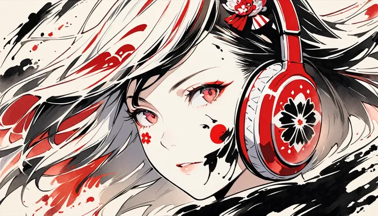 (((Ink Painting))), ((Japanese style headphones)), (((White face with Japanese pattern tattoo))), face close up, Gorgeous hair accessories, Japan人の女, Fluttering Hair, Japan, Japanese flag