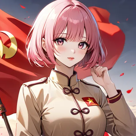 ((Highest quality)), ((masterpiece)), (detailed), （Perfect Face）、The woman is Chinese Momo Beria Deviluke, a Chinese woman with pink short bob hair and an engagement ring. She is a member of the glorious Chinese Communist Party and has sworn absolute loyal...