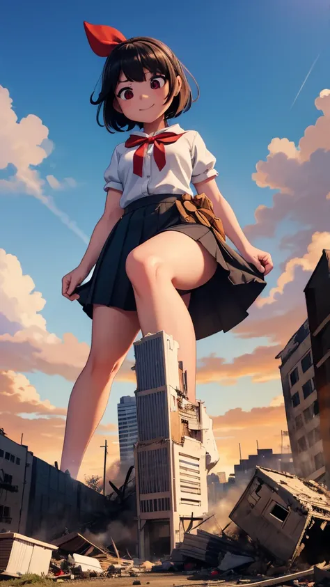 （Giant Elements、High resolution、High resolution、high quality、Accurate body structure、Detailed body）Towering Giant Girl, 50,000 feet high、Looking up at the approaching woman from below、Giantが街を攻撃、Cute Woman、Destroy a small town淫乱な女性、Destroy a small town、Mis...