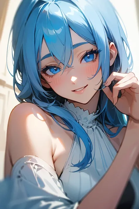 (masterpiece: 1.2, Highest quality), (Actual Photos, Intricate details), 1. woman, alone, Upper Body, casual, Shoulder-length hair, Minimal makeup, Natural materials, Face close-up, smile, Home, (Light blue hair).blue eyes, Shoulder Bare、Smiling with teeth...