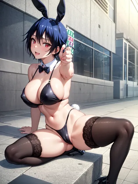 best quality:1.3, extremely detailed CG, super detailed skin, 4 fingers and 1 thumbs:1.3, five fingers:1.4, casino, (seishirou tsugumi, big breast, midriff, solo), missionary position, spread legs, legs up, (black bunny bikini:1.3), show off nipple, beauti...