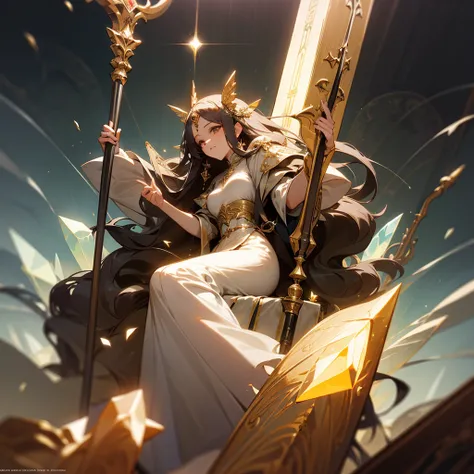 high resolution、Elegant、Neat、Long haired goddess。
Wearing a light dress。Goddess of Light。Holds a large staff with a crystal。like medieval europe、beautiful、Fantasy。Elegant、Adult wo luxurious atmosphere