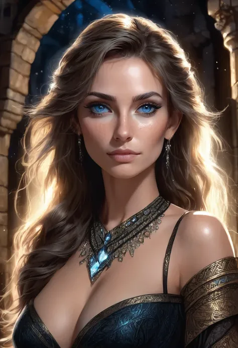 1 woman, inside a castle at night, wearing an elegant black dress full of small diamonds with a deep neckline, beautiful breasts, detailed facial features, feminine grayish blue eyes, tribal tattoos on both arms, small elf-like pointy ears, freckles on her...