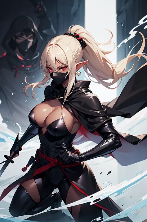 Beautiful images,Detailed Images,Official image,A woman wielding a Japanese sword,Blonde,Red Eyes,Ponytail Hair,Model body type,(Dark Skin:1.3),Elf Ears,Large Breasts,(Black ninja suit,Jet Black Cloak:1.3),