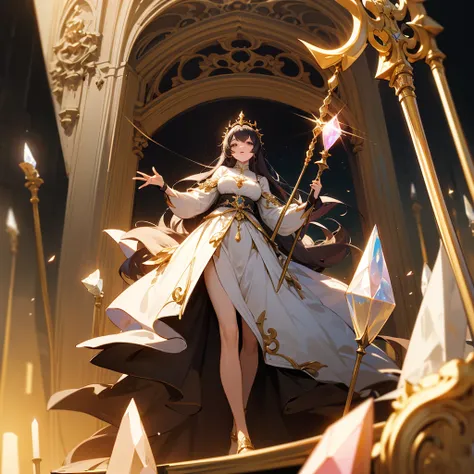 high resolution、Elegant、Neat、Long haired goddess。
Wearing a light dress。Goddess of Light。Holds a large staff with a crystal。like medieval europe、beautiful、Fantasy。Elegant、Adult wo luxurious atmosphere
手は２本