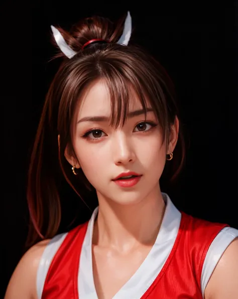 Mai Shiranui, (best quality,Ultra-detailed),(realistic:1.37), beautiful and detailed face, ultra-realistic texture, delicate face, athletic body, vivid colors. high definition, 8K, wearing red lipstick, rosy cheeks.