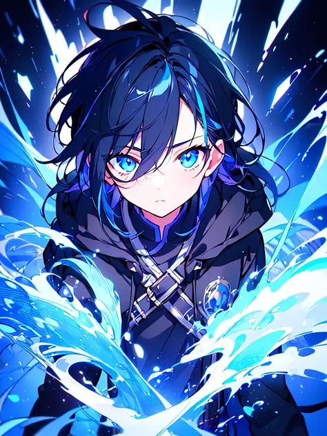 [(BLACK BACKGROUND:1.5),::5], ((((masterpiece)))), high quality, ultra very high resolution, full color, (((solo))), ((little boy)), BLACK hair, ((Blue streaked hair)), (oriental deepblue eyes), anime, ((upper body)), Summer clothes, neon light, black park...