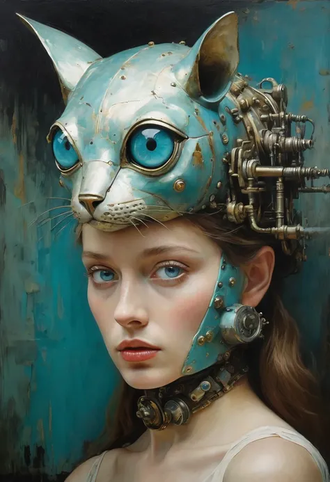 Full view. Huge mechanical animal, Porcelain face and head, big turquoise eyes, Perfect eyes, Best Quality. Beautiful cinematic impressionist painting., Dark dramatic character. in the style of andrew wyeth, Charlie Bowett, Albert Joseph Penaud, Dariusz Za...