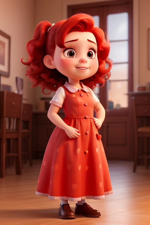 A girl with bright red hair, cheeks, a double chin, tall, and wearing a dress.