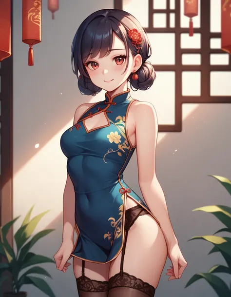 High resolution, adult woman , good lighting, despicable, , (nudity), (((China dress))), (()), ((())), (garter belt), abdomen only, (),  ,  cute face, I&#39;m embarrassed and blush, humiliating, ((turn around and look back)), ((See-through))()(T-back)(a la...