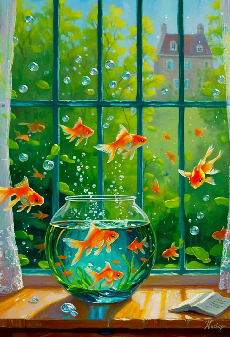 there are many goldfish swimming in a bowl in front of a window, floating goldfish, fish floating in bedroom, goldfish, fish, al...