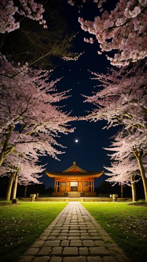 a long-haired white fox，there are nine tails，fox holding a box of gold，coming out of the ancient temple，behind is a cherry bloss...