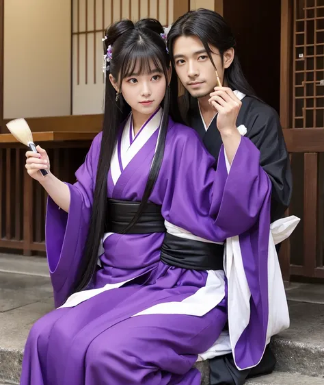 Gender: Male、A handsome man、Around 30 years old、Black and long hair、Hair does not tie up、No bangs、She is wearing a purple kimono.、Sitting upright、White headband、In his right hand he holds a small brush、