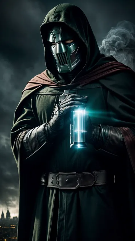 Doctor Doom Marvel, 35mm lens, photography, ultra-detailed, HDR, UHD, 8K, portraits, dark atmosphere, menacing expression, black cloak, iconic metal mask, glowing power green eyes, intricate armor, smoke effects, dynamic pose, ruined cityscape, dramatic li...