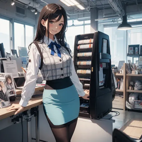 (Best Quality, Masterpiece),Wearing a pink plaid vest, White short sleeved shirt, Gray pencil skirt, Wear stiletto heels, Necklace, earrings, Cute face, Smile, Blushing, Shyness, Glass wall, Ultra Detail, Realistic, Front view, Whole body, stunning, cute, ...