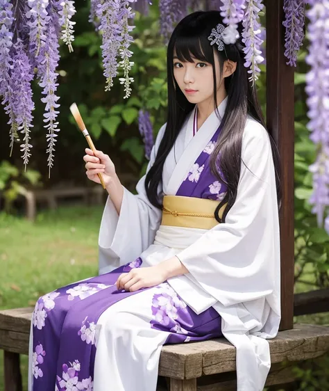 Gender: Male、Around 30 years old、Black and long hair、Hair does not tie up、Bangs are parted、Plain wisteria kimono、Dressed in kimono、Sitting upright、White headband、In his right hand he holds a small brush、