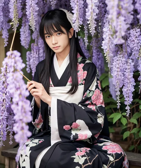 Gender: One male、Around 30 years old、Black and long hair、Hair does not tie up、Bangs are parted、Wisteria kimono、Dressed in kimono、Sitting upright、White headband、In his right hand he holds a small brush、