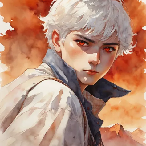 a boy with short white hair, finely detailed beautiful eyes, red eyes, extremely detailed CG, ultra-detailed, best shadow, depth of field, watercolor, beautiful concept illustration, orange background, illustration, extremely fine and beautiful, perfect de...